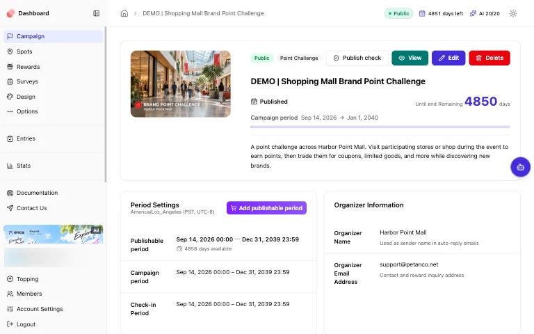 Petanco admin dashboard showing the publish period and campaign settings for a pop-up store campaign