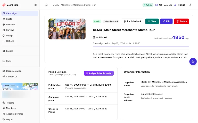 Petanco admin dashboard showing the publish period and campaign settings for a tourism campaign