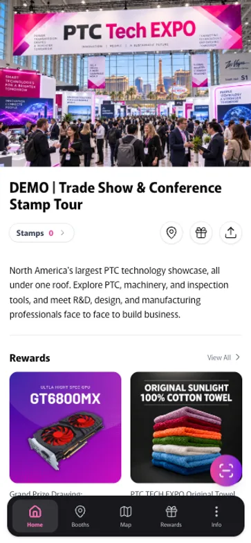Attendee screen of the Petanco trade show and conference stamp tour demo