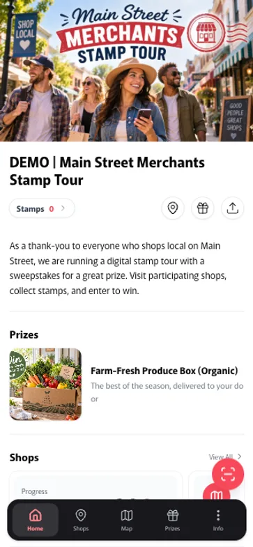 Visitor screen of the Petanco Main Street Merchants Stamp Tour demo