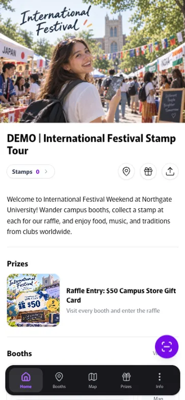 Petanco International Festival Stamp Tour demo screen — join in the browser, no app download