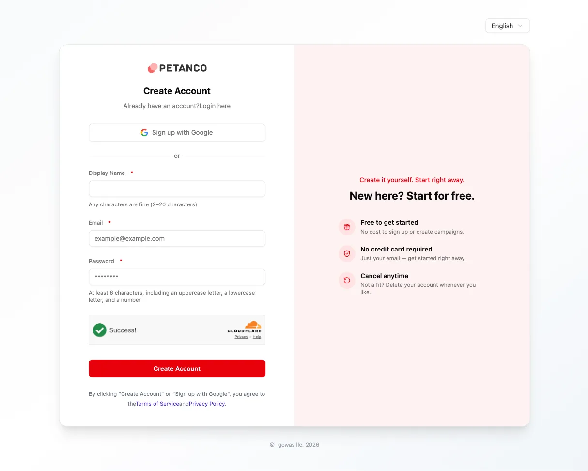 Petanco account creation screen