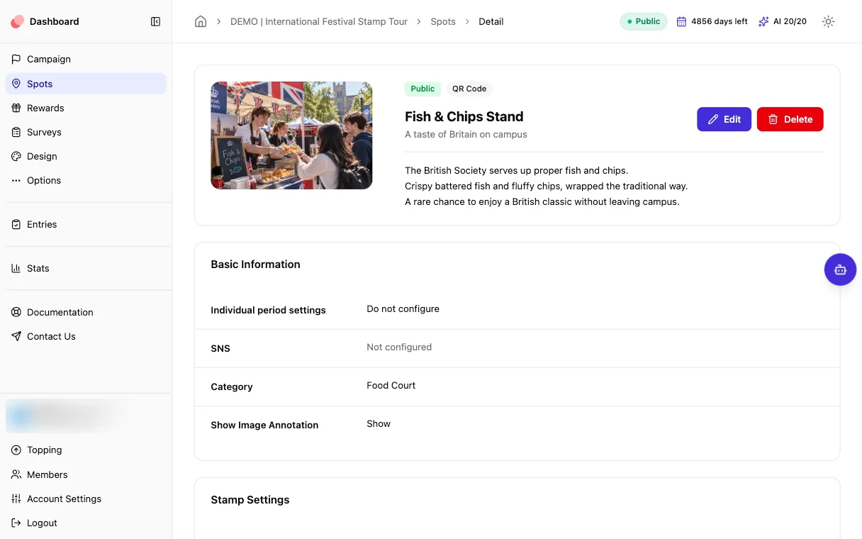 Add spots and rewards screen