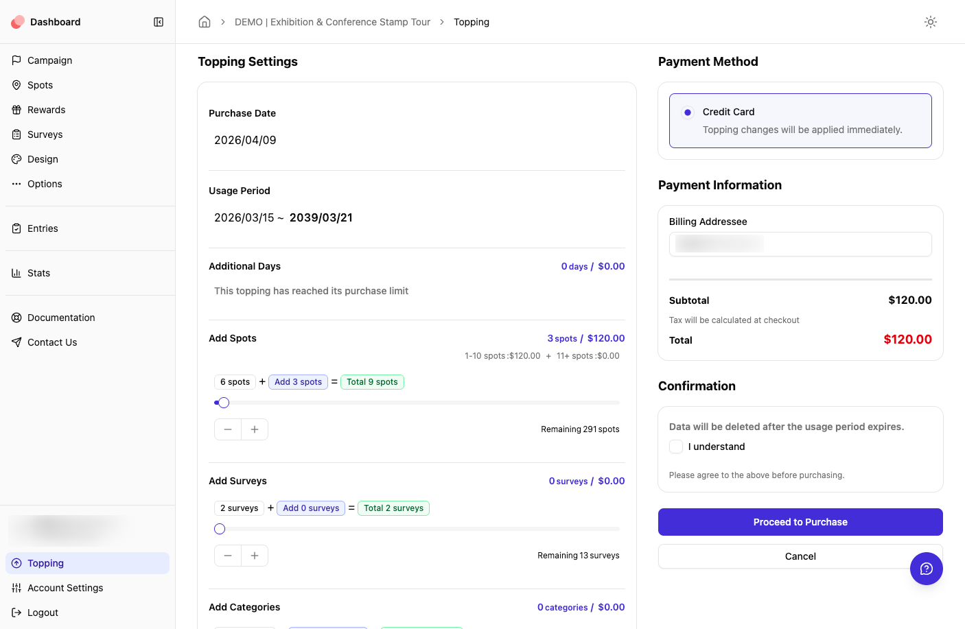 Purchase add-ons screen