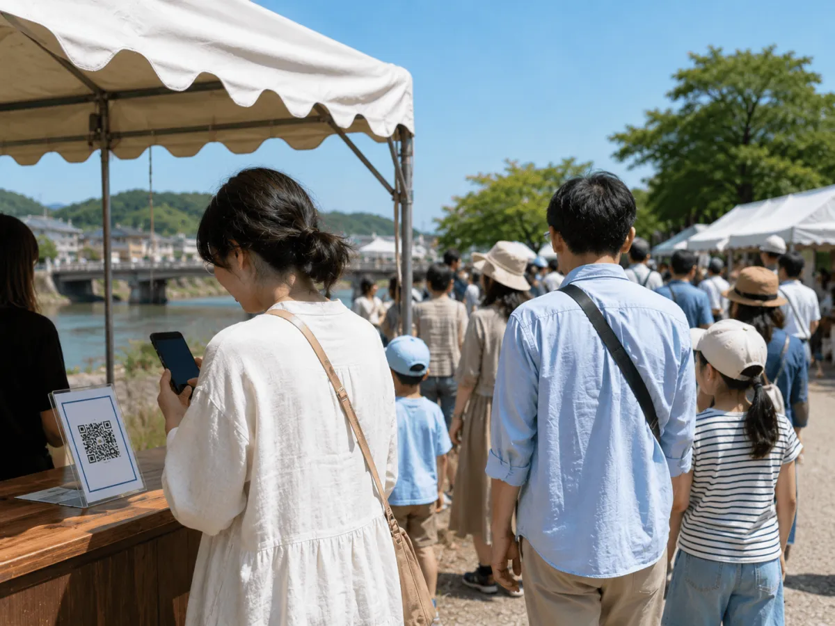 河川敷の地域イベントでQRコードをスキャンする家族連れ