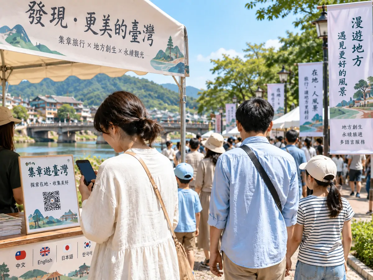 在河畔的地方創生活動攤位掃描集章 QR Code 的遊客