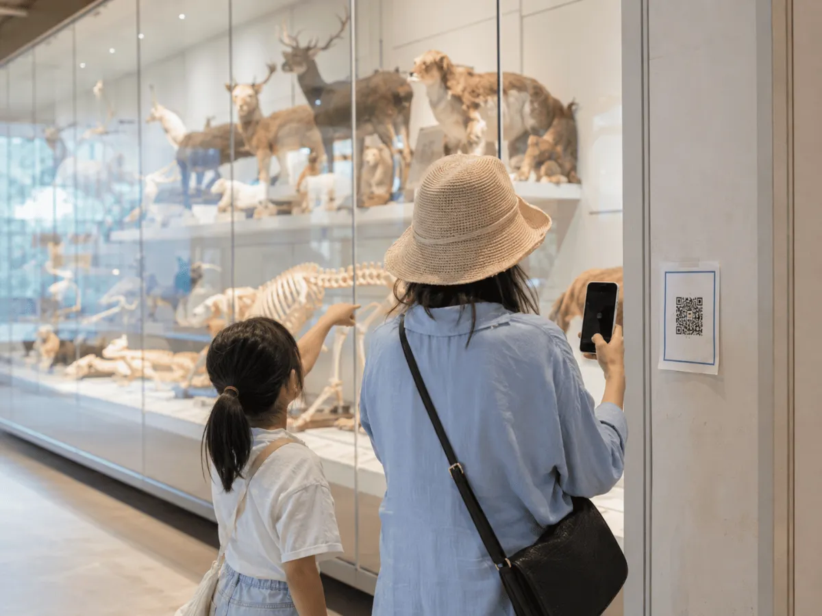 博物館の展示でQRコードをスキャンする親子