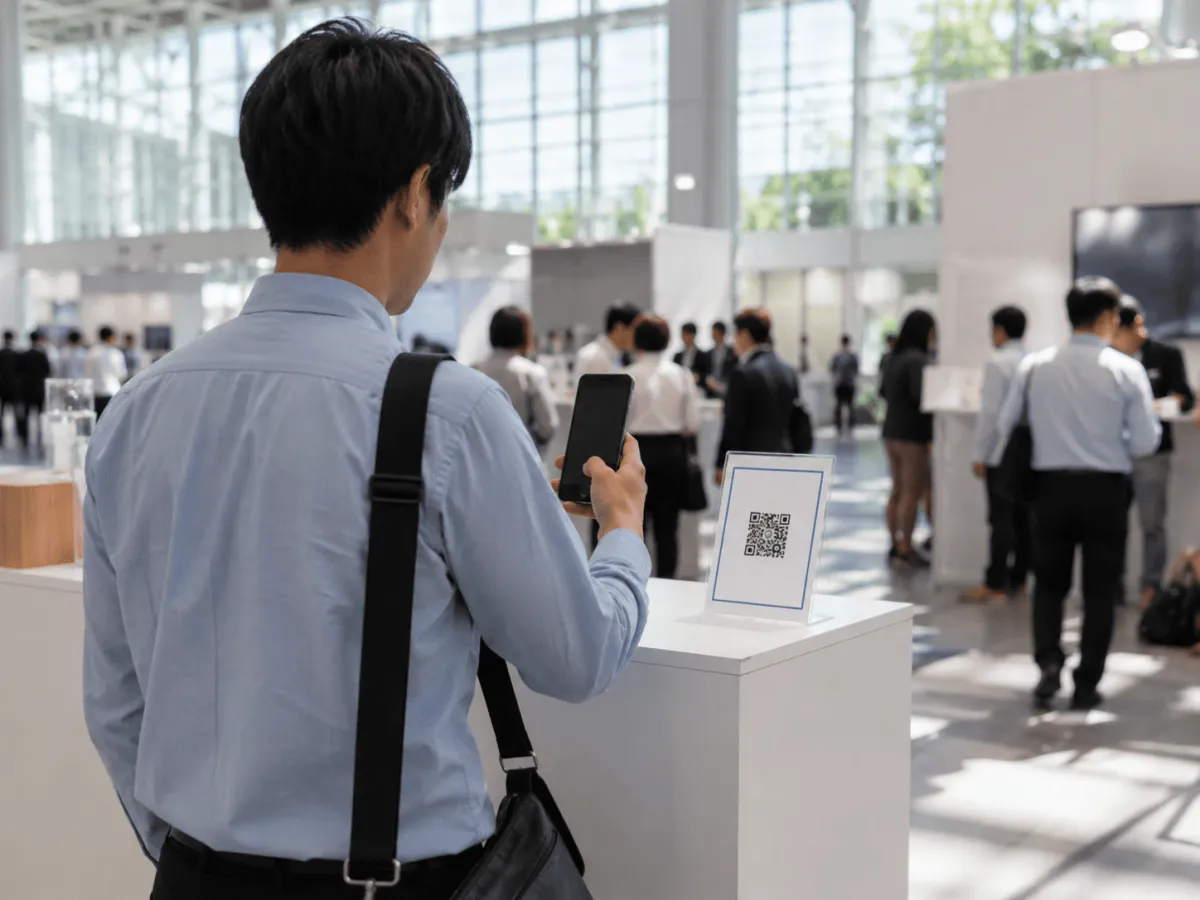 展示会のブースでQRコードをスキャンする来場者