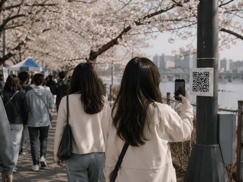 벚꽃길에서 QR코드를 스캔하는 방문객