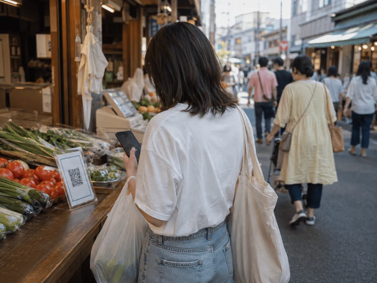 アーケード商店街でQRコードをスキャンする手元