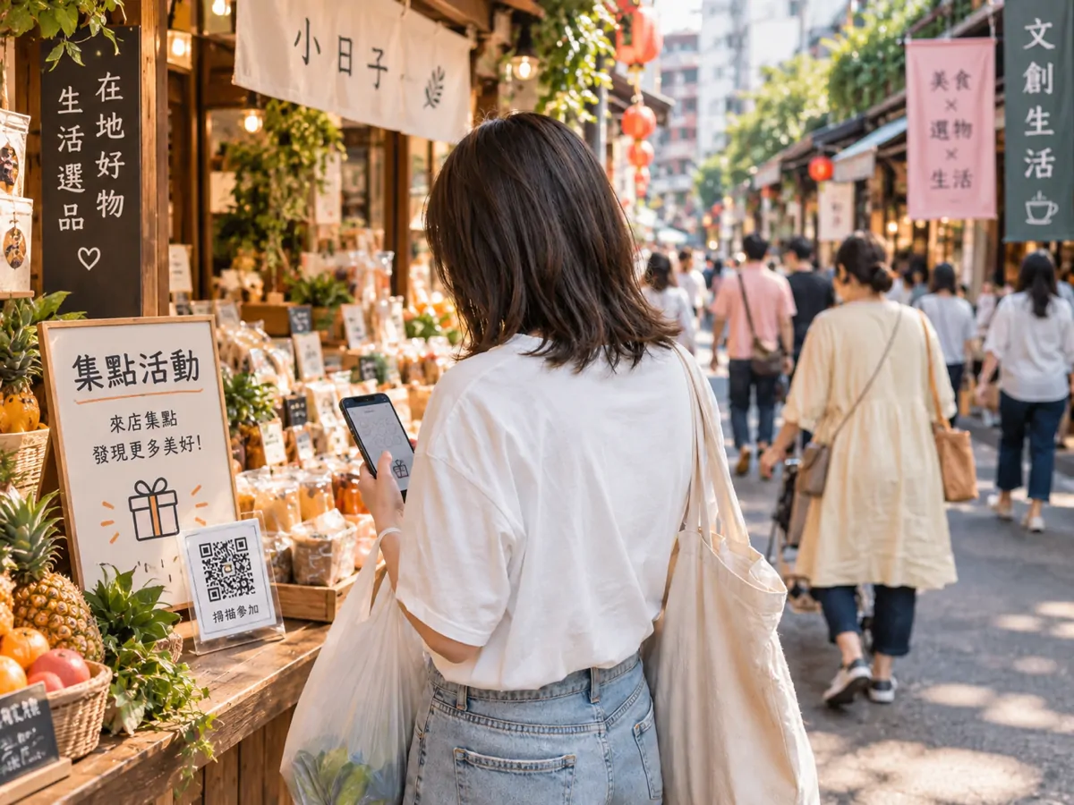 在商圈店家前用手機掃描集點活動 QR Code 的顧客
